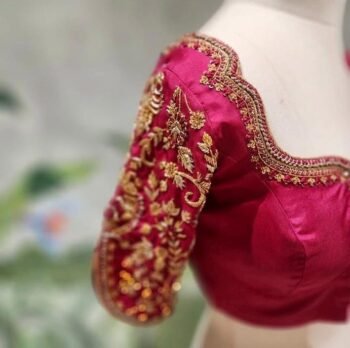 Hand Embroidered Pure Silk Blouse: Dark Pink Zardosi