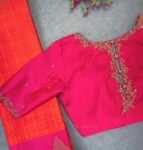 Hand Embroidered Zardosi Silk Blouse: Pink Maggam, Elbow