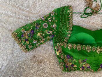 Hand Embroidered Raw Silk Blouse: Zardosi Parrot Green