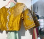 Hand Embroidered Zardosi Silk Blouse: Mustard Yellow Saree