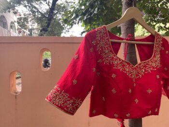 Hand Embroidered Red Silk Blouse: Zardosi Maggam Work,