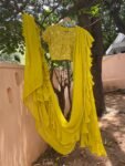 Mustard Yellow Ruffle Saree: Georgette Cocktail Sari with