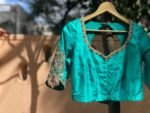 Hand Embroidered sea Blue Silk Blouse:Zardosi Maggam Work,sea