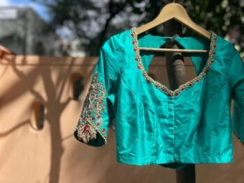 Hand Embroidered sea Blue Silk Blouse:Zardosi Maggam Work,sea