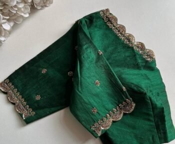 Hand Embroidered Green Silk Saree Blouse: Zardosi Maggam
