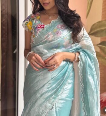 Blue tissue silk saree with hand embroidered blouse