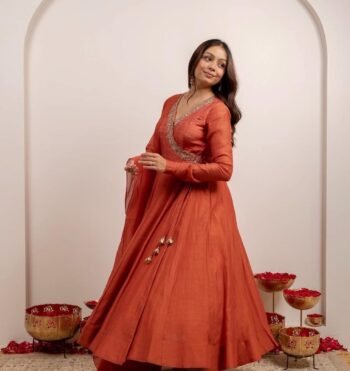 Hand embroidered orange Anarkali with dupatta