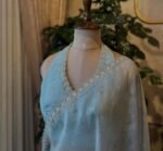 Ice Blue Crepe Silk Saree: Hand-Embroidered Blouse, Sleeveless
