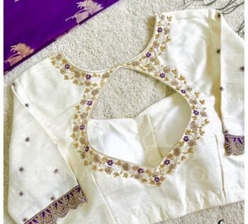 Cream Silk Saree Blouse: Hand Embroidered Zardosi Maggam,