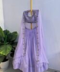 Lavender Lehenga Set: Hand Embroidered Silk Crop Top,