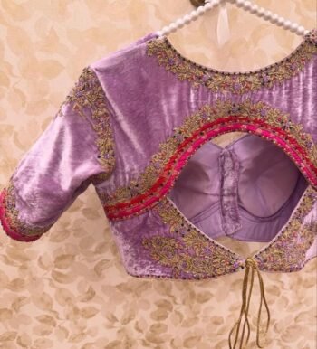 Lavender Velvet Saree Blouse: Hand Embroidered Zardosi Crop