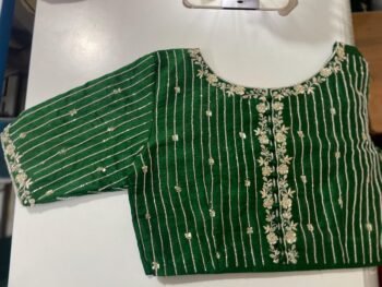 Hand Embroidered Zardosi Blouse: Green Raw Silk Maggam