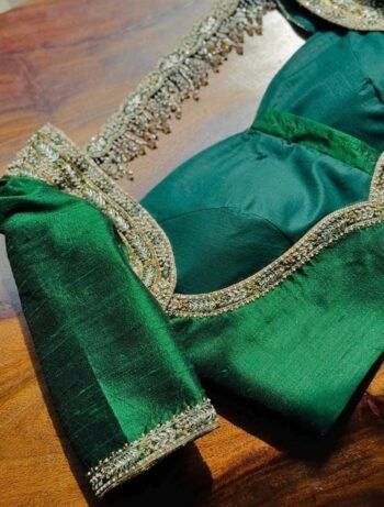 Hand Embroidered Zardosi Silk Blouse: Green Maggam Work,