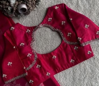 Hand Embroidered Red Silk Saree Blouse: Zardosi Maggam