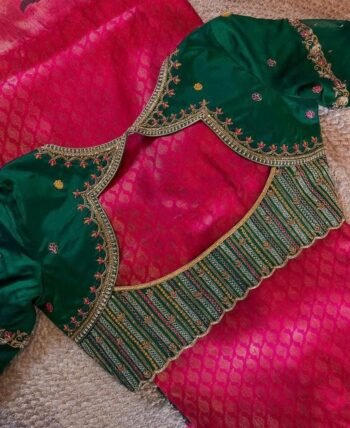 Hand Embroidered Zardosi Silk Blouse: Mehendi Green Maggam