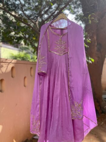 Hand Embroidered Anarkali Dress:lavender Indian Suit with Dupatta, hand work kurta with dupatta