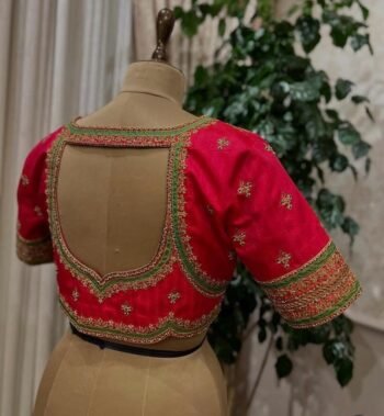 Hand Embroidered Pure Silk Bridal Blouse: Red Zardosi