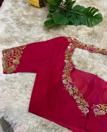 Hand Embroidered Pure Silk Bridal Blouse: Red Zardosi