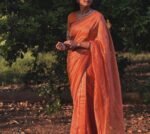 Orange Floral Organza Silk Saree: Embroidered Blouse,orange tissue
