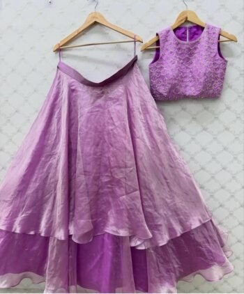 Lavender Silk Lehenga Set: Hand Embroidered Crop Top,