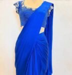 Blue silk saree with hand embroidered blouse