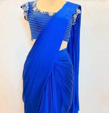 Blue silk saree with hand embroidered blouse