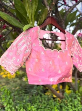 Hand Embroidered Silk Blouse: Light Pink Zardosi Maggam