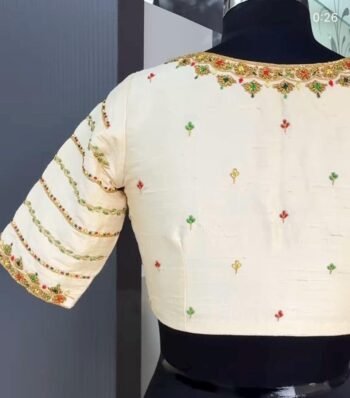 Hand Embroidered Zardosi Silk Blouse: Cream Maggam Work,