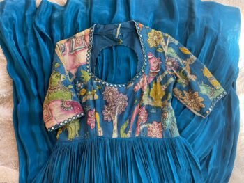 Hand-Painted Kalamkari Anarkali Dress with Dupatta:blue Silk Embroidered