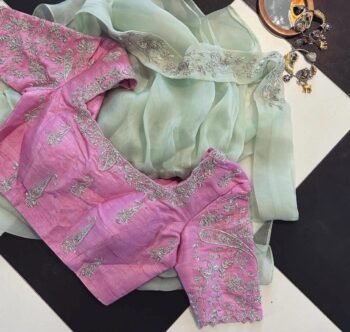 Hand Embroidered Silk Blouse: Light Pink Zardosi Maggam