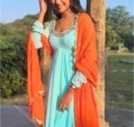 Hand embroidered Anarkali with scallop dupatta