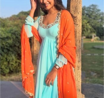 Hand embroidered Anarkali with scallop dupatta