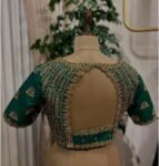 Hand Embroidered Green Silk Saree Blouse: Zardosi Maggam