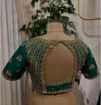 Hand Embroidered Green Silk Saree Blouse: Zardosi Maggam