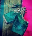 Hand Embroidered Green Silk Saree Blouse: Zardosi Maggam