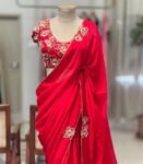 pure silk red sari set with hand embroidery blouse