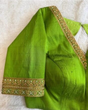 Hand Embroidered Zardosi Blouse: Parrot Green Raw Silk
