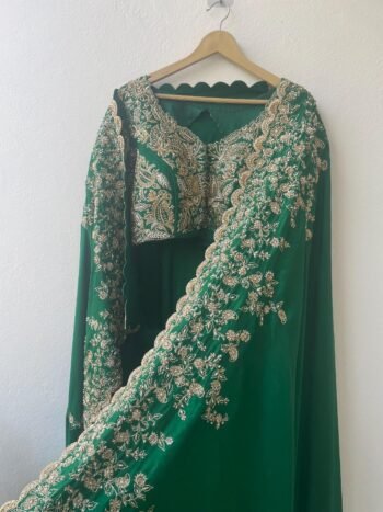 Green handwork Saree:Hand Embroidered Blouse,green Indian Wedding Bridal