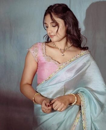 Blue silk saree with hand embroidered blouse