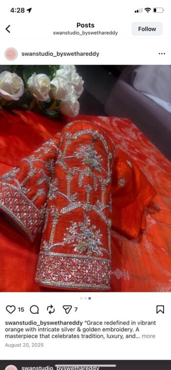 Orange Raw Silk Saree Blouse: Hand Embroidered Zardosi