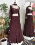 Sequin Embroidered Lehenga Set: Brown Silk Crop Top