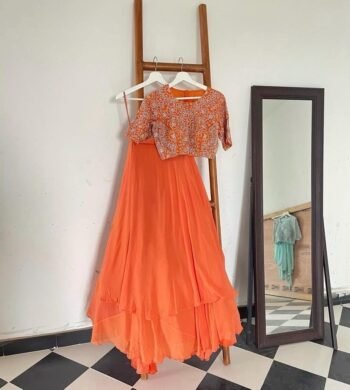 Orange Hand-Embroidered Lehenga Set: Indian Wedding Party Dress,cocktail
