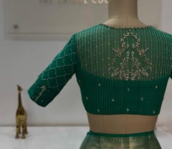 Hand Embroidered Zardosi Silk Blouse: Green Maggam Work,