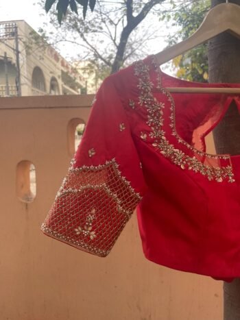 Hand Embroidered Zardosi Silk Blouse: Maroon Red Saree