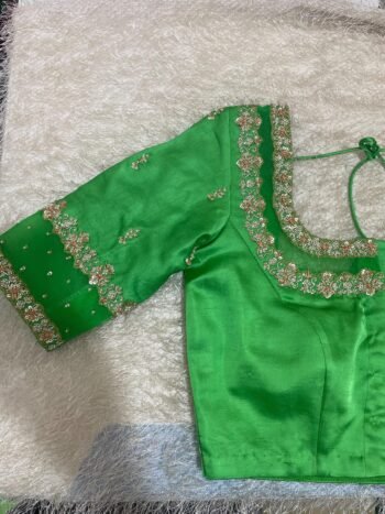Hand Embroidered Zardosi Blouse: Parrot Green Raw Silk