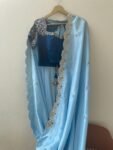 Ice Blue pure Silk Saree: Hand-Embroidered Blouse, short Sleeve blouse