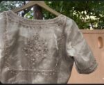 Pure Silk Saree Blouse:Golden Zardosi Hand Embroidery, Elbow