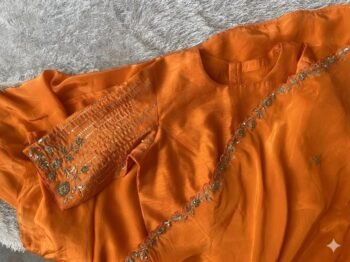 Orange Crepe Silk Saree: Hand Embroidered Blouse, Haldi