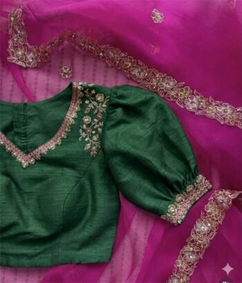 Pink Organza Silk Saree: Hand Embroidered Blouse, Maggam