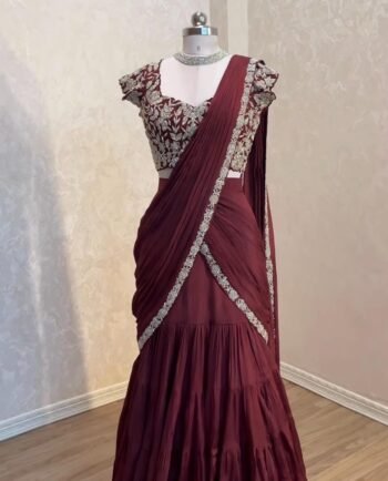 Brown Ruffle Saree: Silk Lehenga Sari with Embroidered